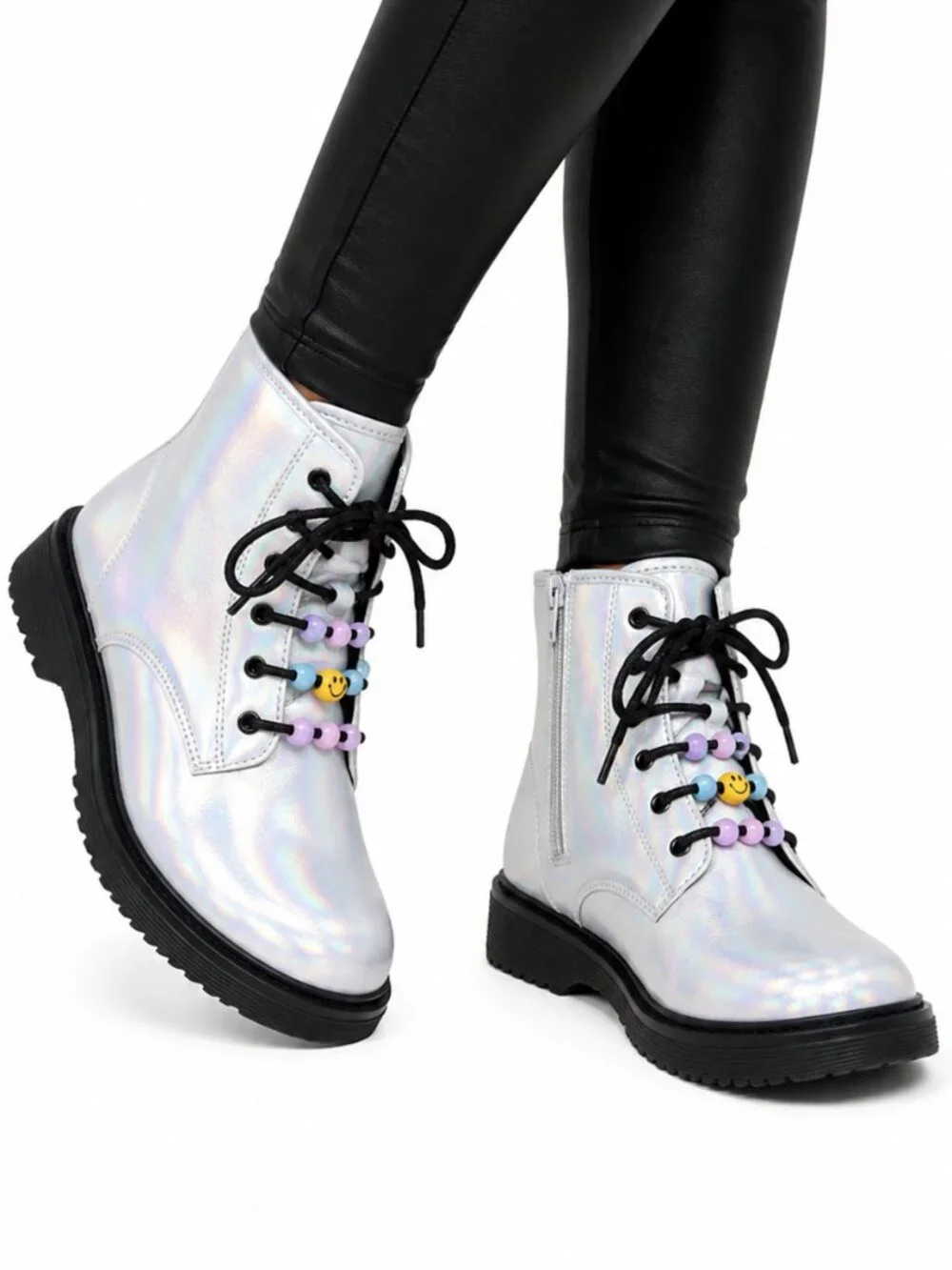 The Children's Place Girls Metallic Silver Combat Boots Lace Up Big Kid Size 6